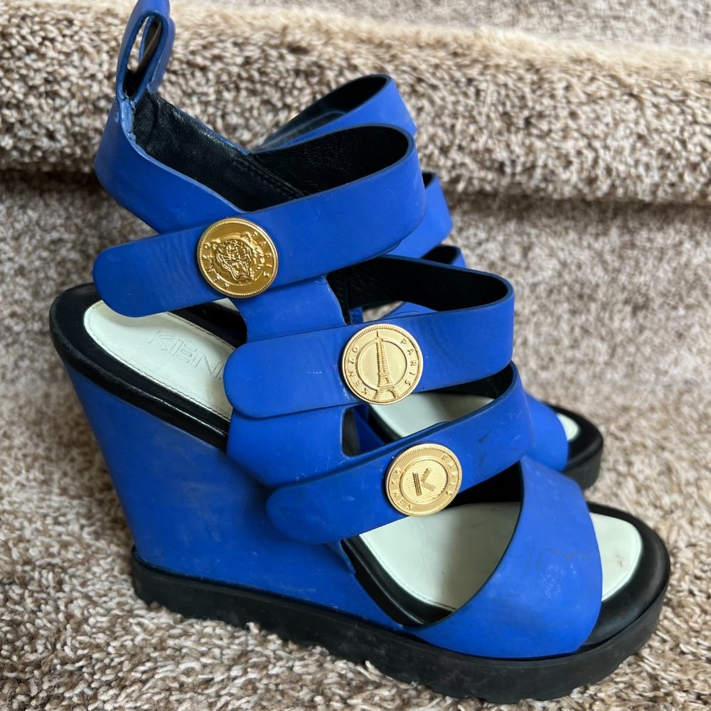 Kenzo Women's Faux Leather Blue Marine Matte Victoire Coins Detailing Wedges